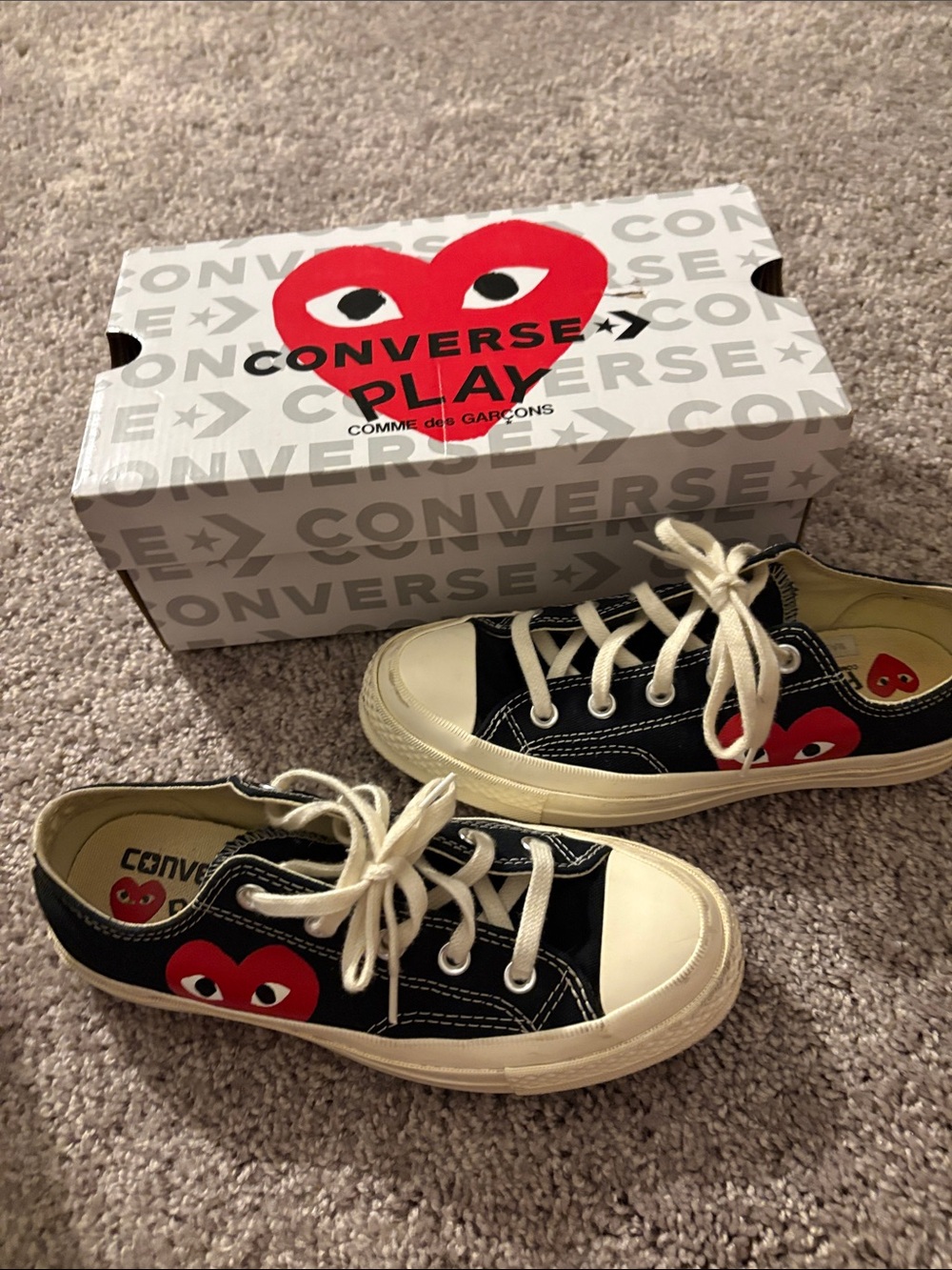 Converse PLAY Black Canvas Low-Top Sneakers with Red Heart